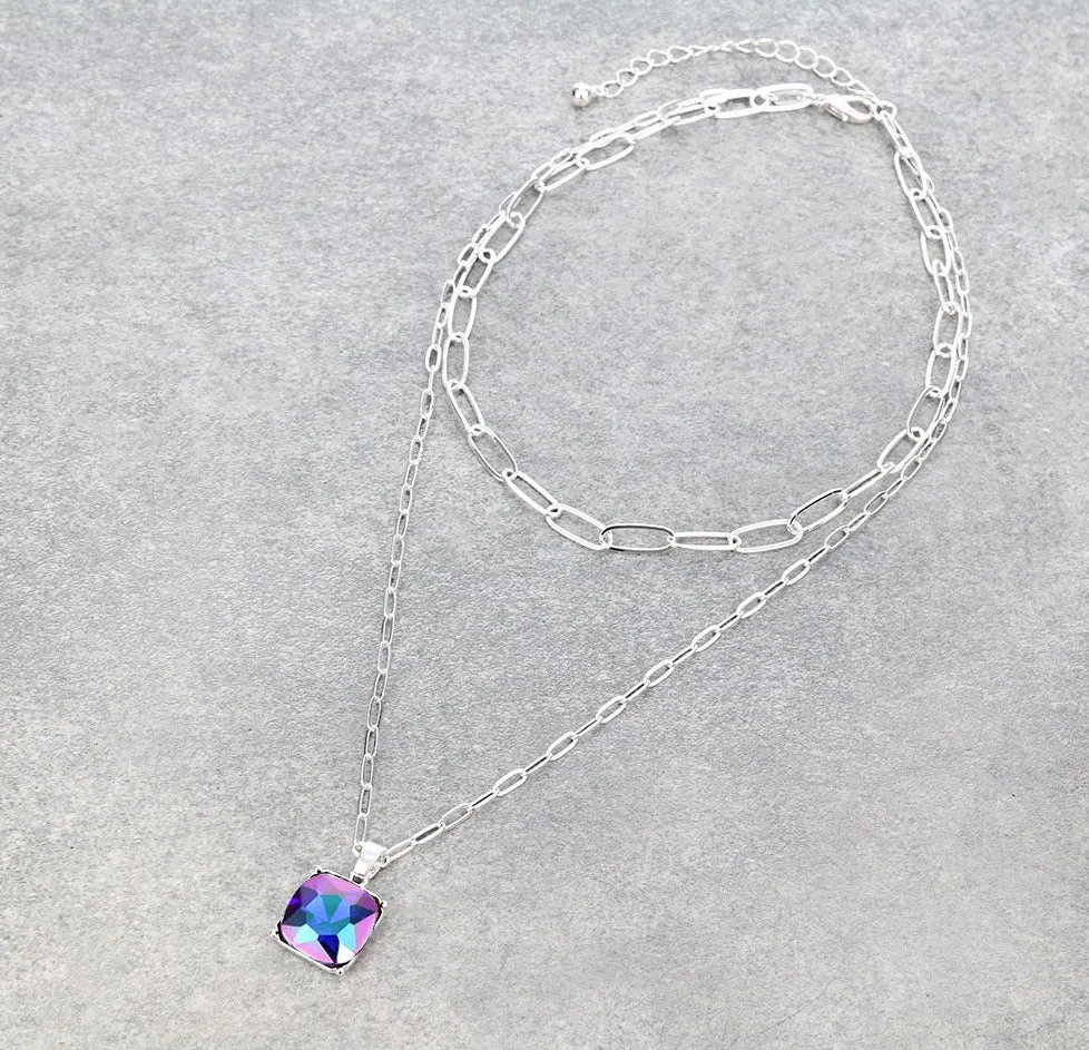 Square Set Rhinestone Pendant Layered Necklace