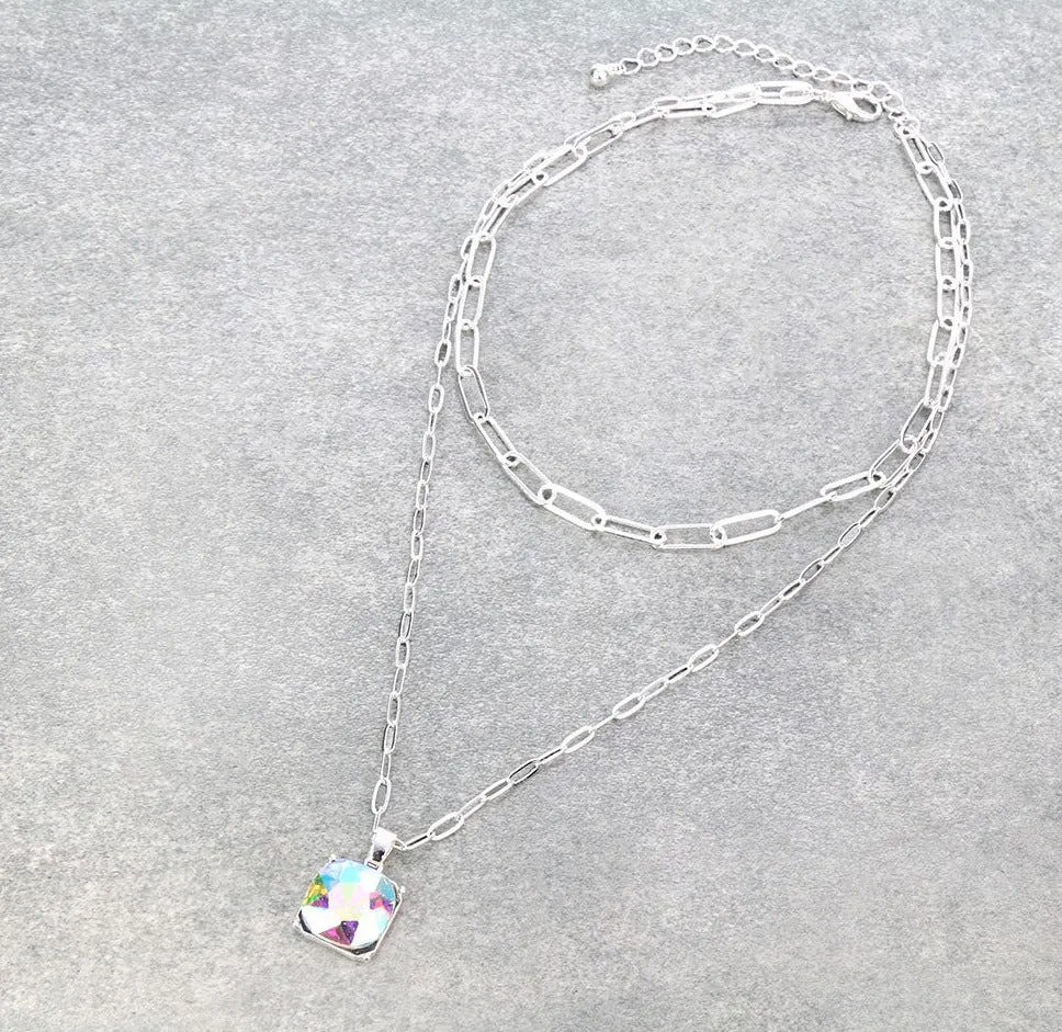 Square Set Rhinestone Pendant Layered Necklace