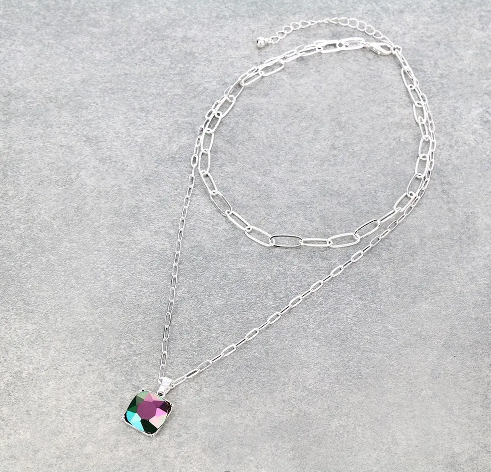 Square Set Rhinestone Pendant Layered Necklace