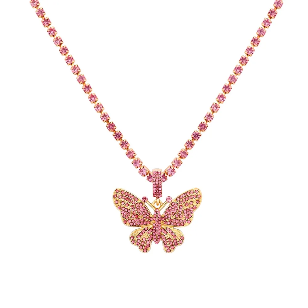 Statement Big Butterfly Pendant Necklace Rhinestone Chain for Women Bling Tennis Chain Crystal Choker Necklace Party Jewelry