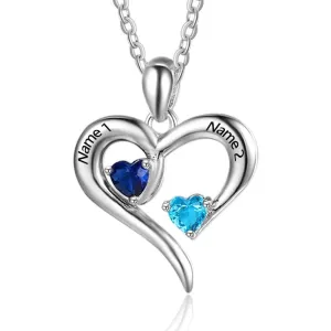 Sterling Silver 2 Birthstone Necklace Pendants Engraved Heart BirthStones Gift
