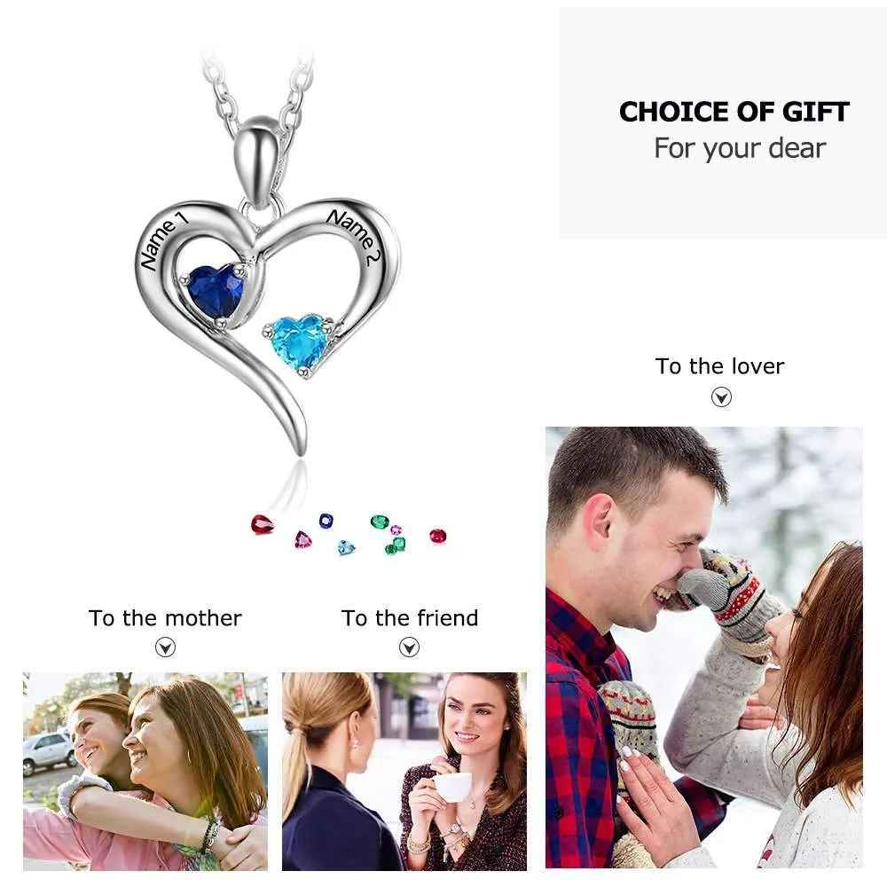 Sterling Silver 2 Birthstone Necklace Pendants Engraved Heart BirthStones Gift