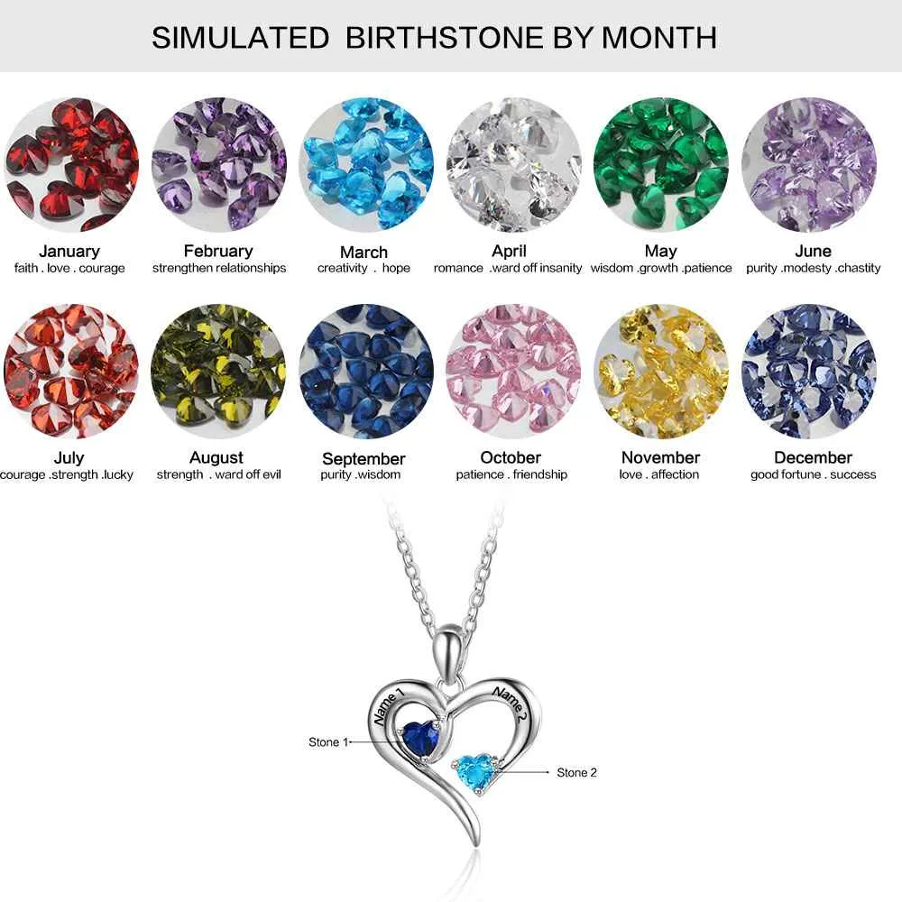 Sterling Silver 2 Birthstone Necklace Pendants Engraved Heart BirthStones Gift