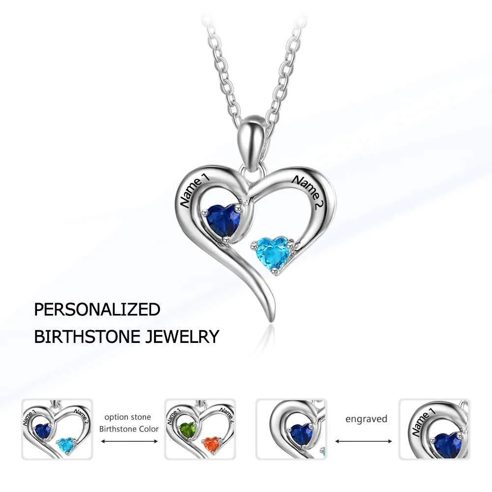 Sterling Silver 2 Birthstone Necklace Pendants Engraved Heart BirthStones Gift