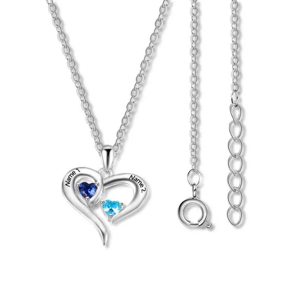 Sterling Silver 2 Birthstone Necklace Pendants Engraved Heart BirthStones Gift