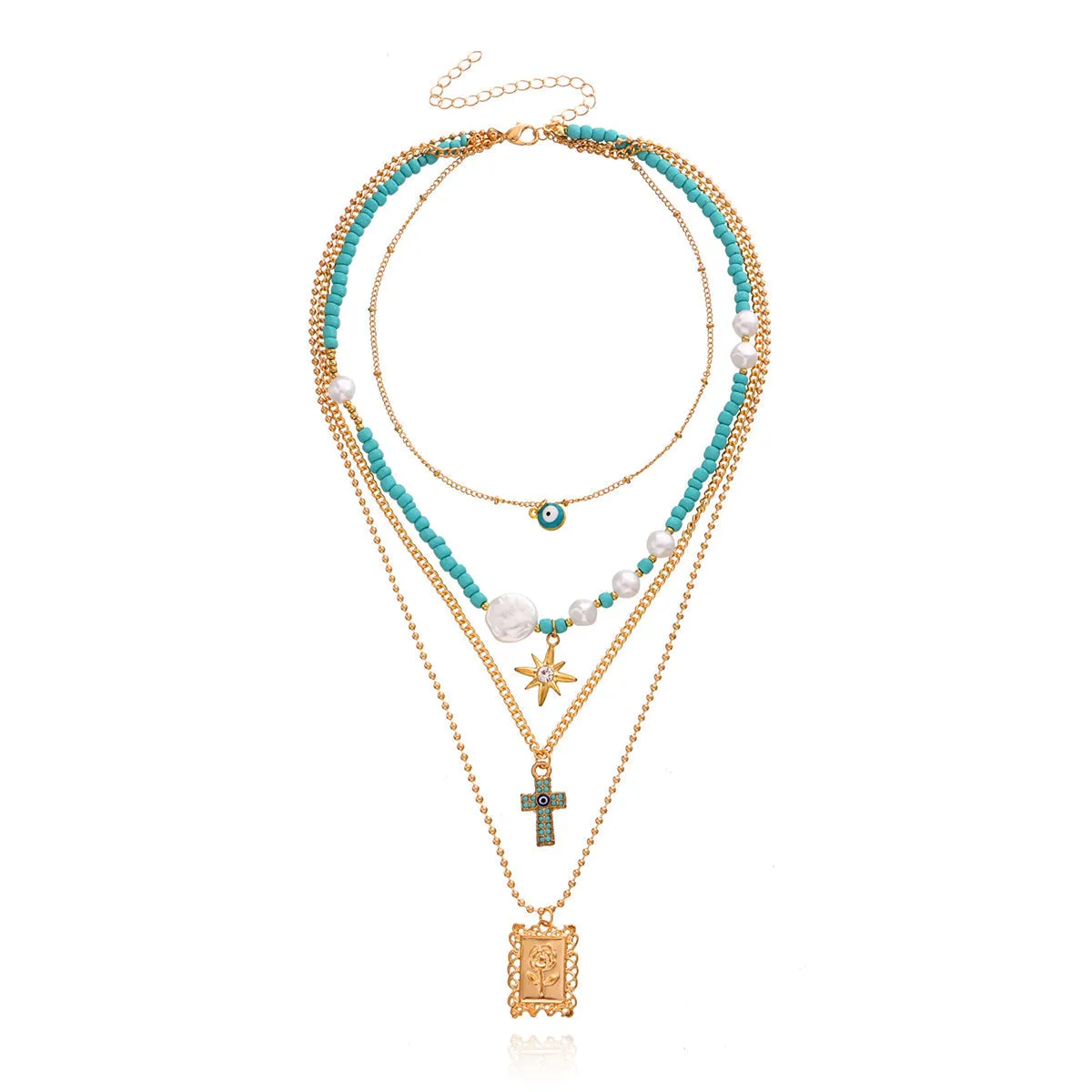 Teal & Cubic Zirconia Rose Card Layered Pendant Necklace