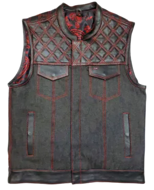 The "Club Diamond" Red Diamond Stitch Leather/Denim Club Vest