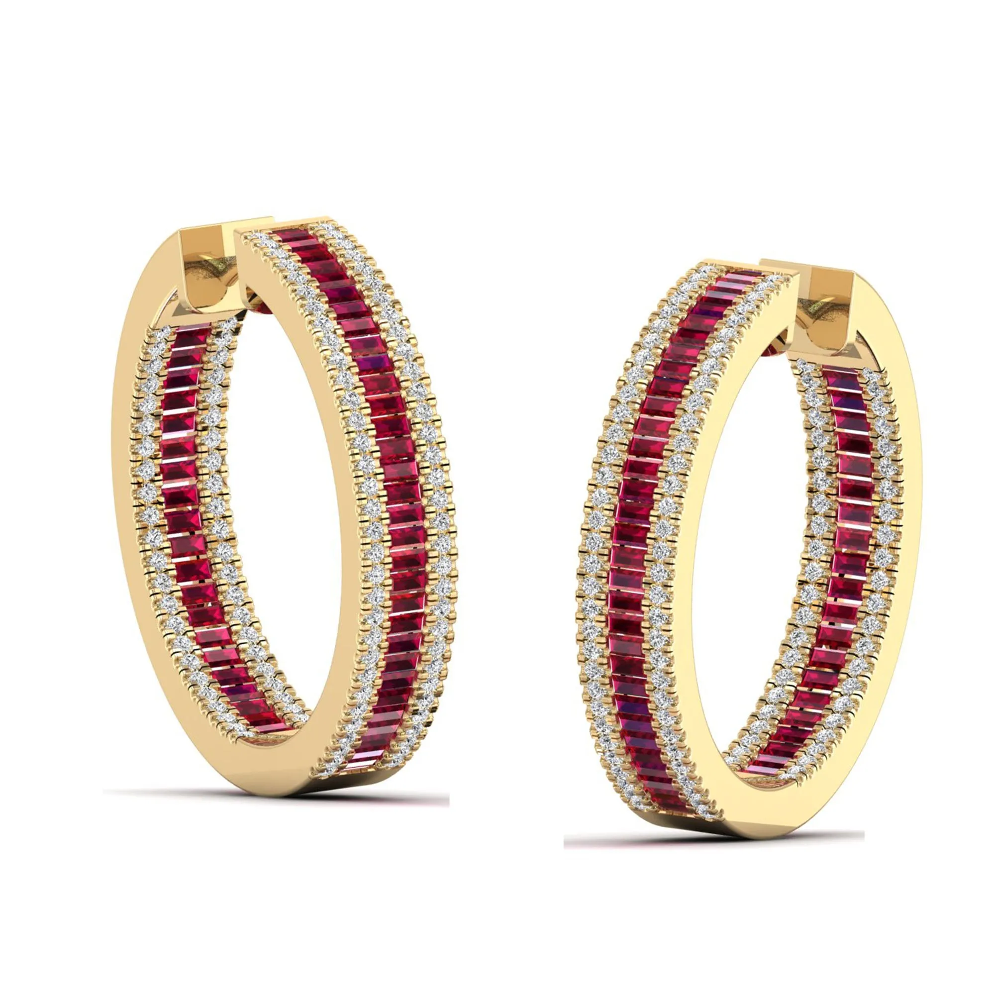 Three Row Channel Set Baguette Ruby and Diamond Hoop Earrings