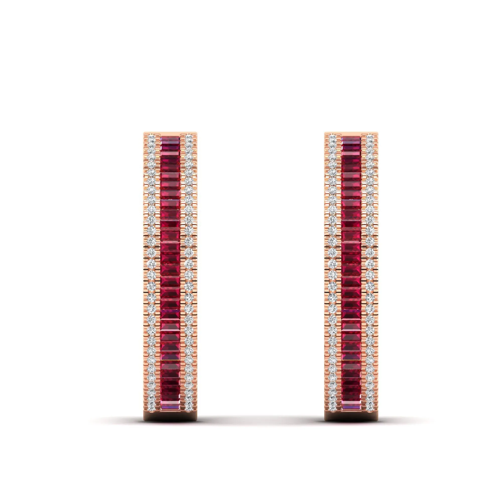 Three Row Channel Set Baguette Ruby and Diamond Hoop Earrings