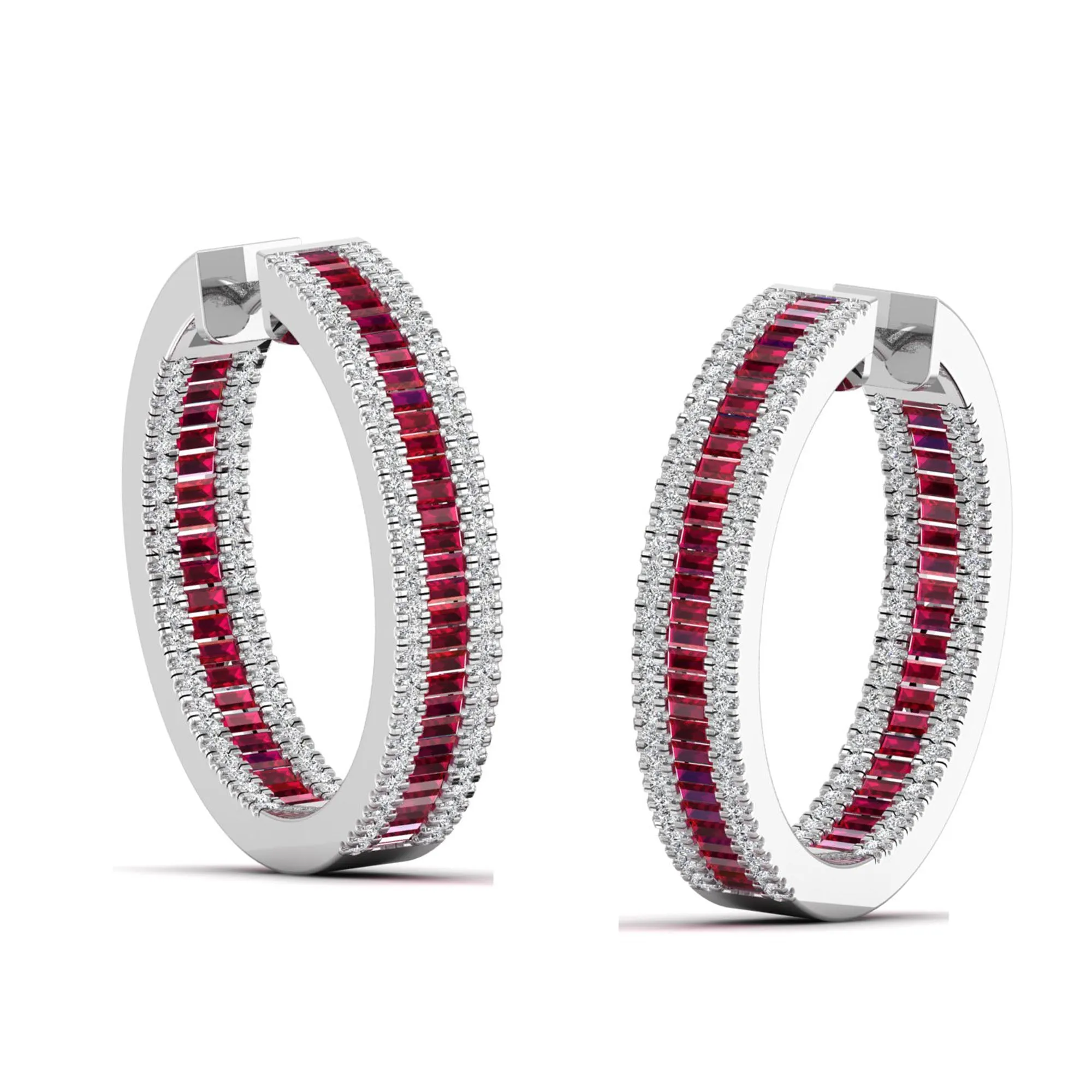Three Row Channel Set Baguette Ruby and Diamond Hoop Earrings