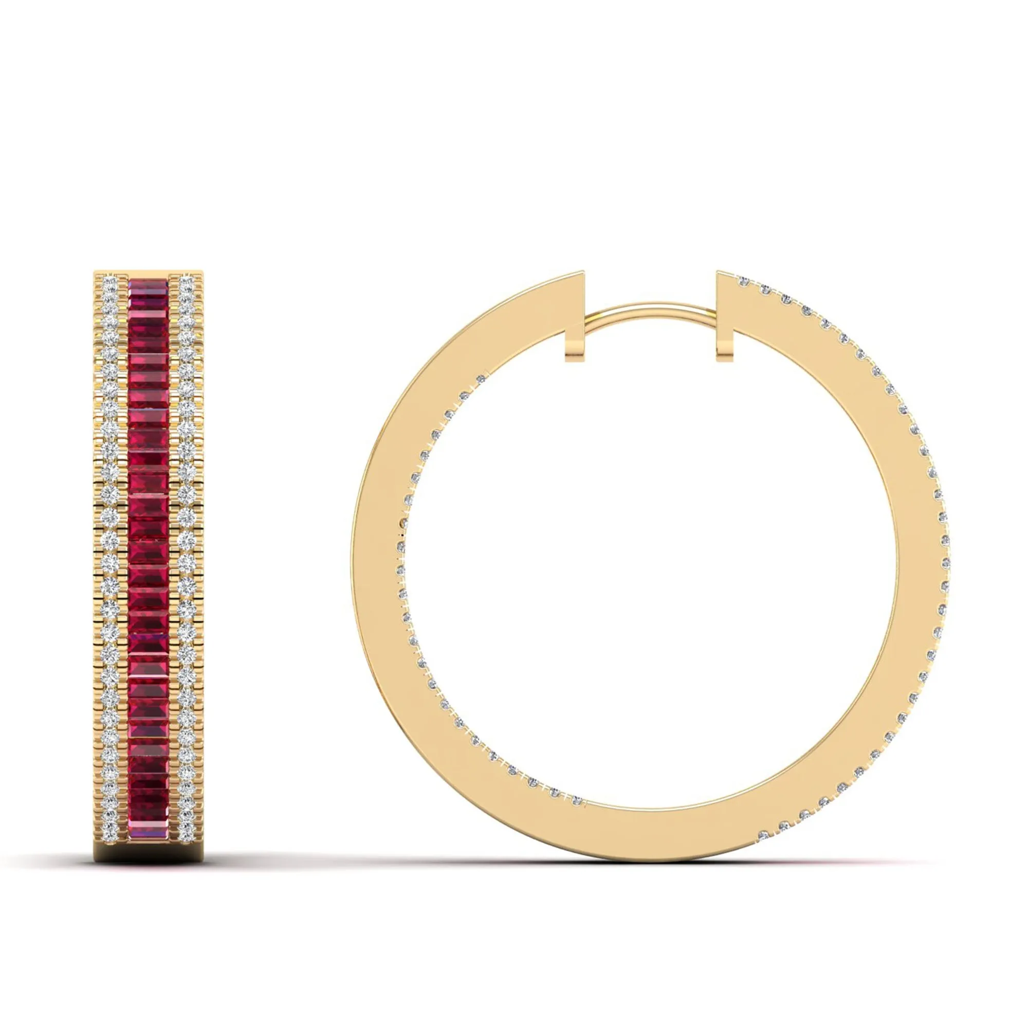 Three Row Channel Set Baguette Ruby and Diamond Hoop Earrings