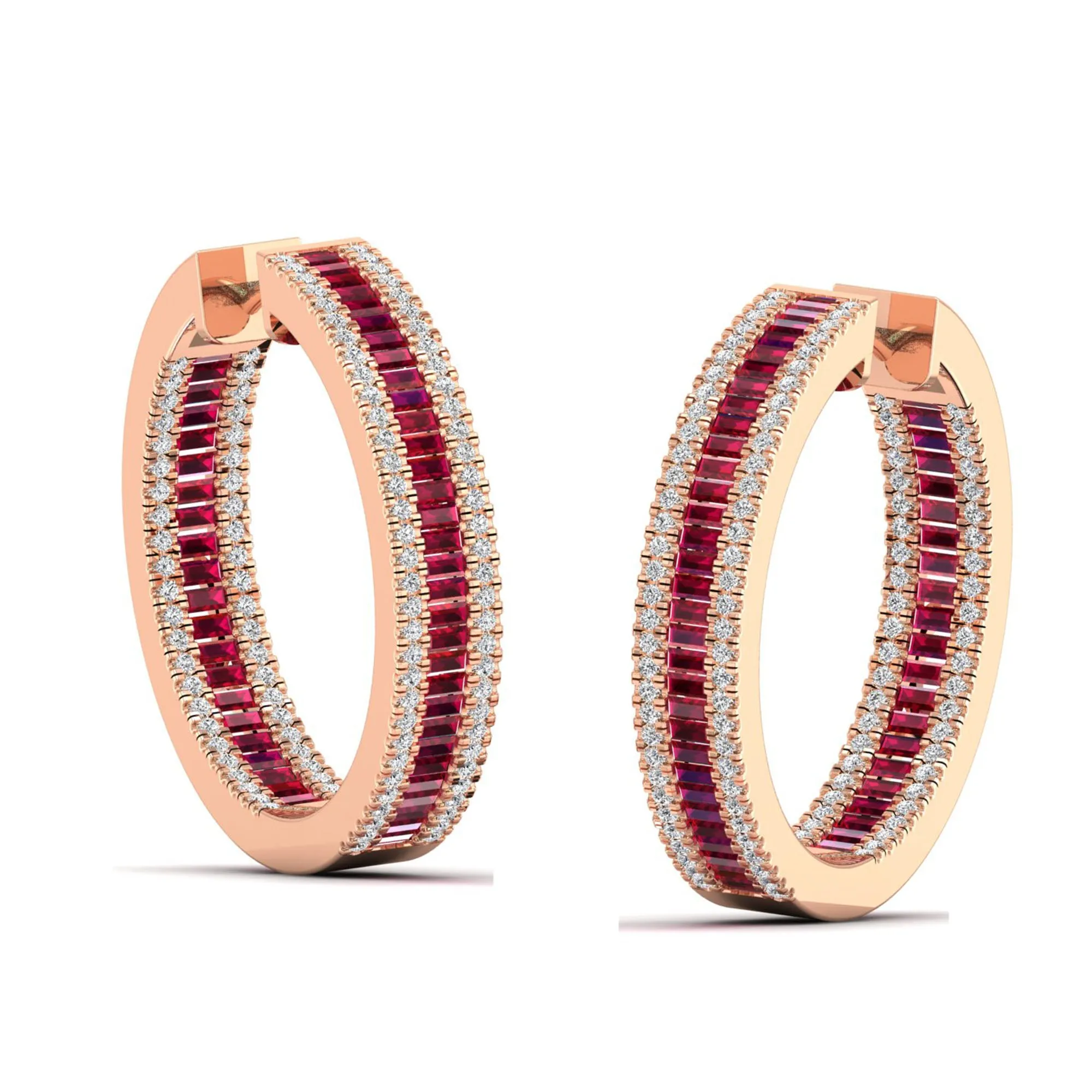 Three Row Channel Set Baguette Ruby and Diamond Hoop Earrings