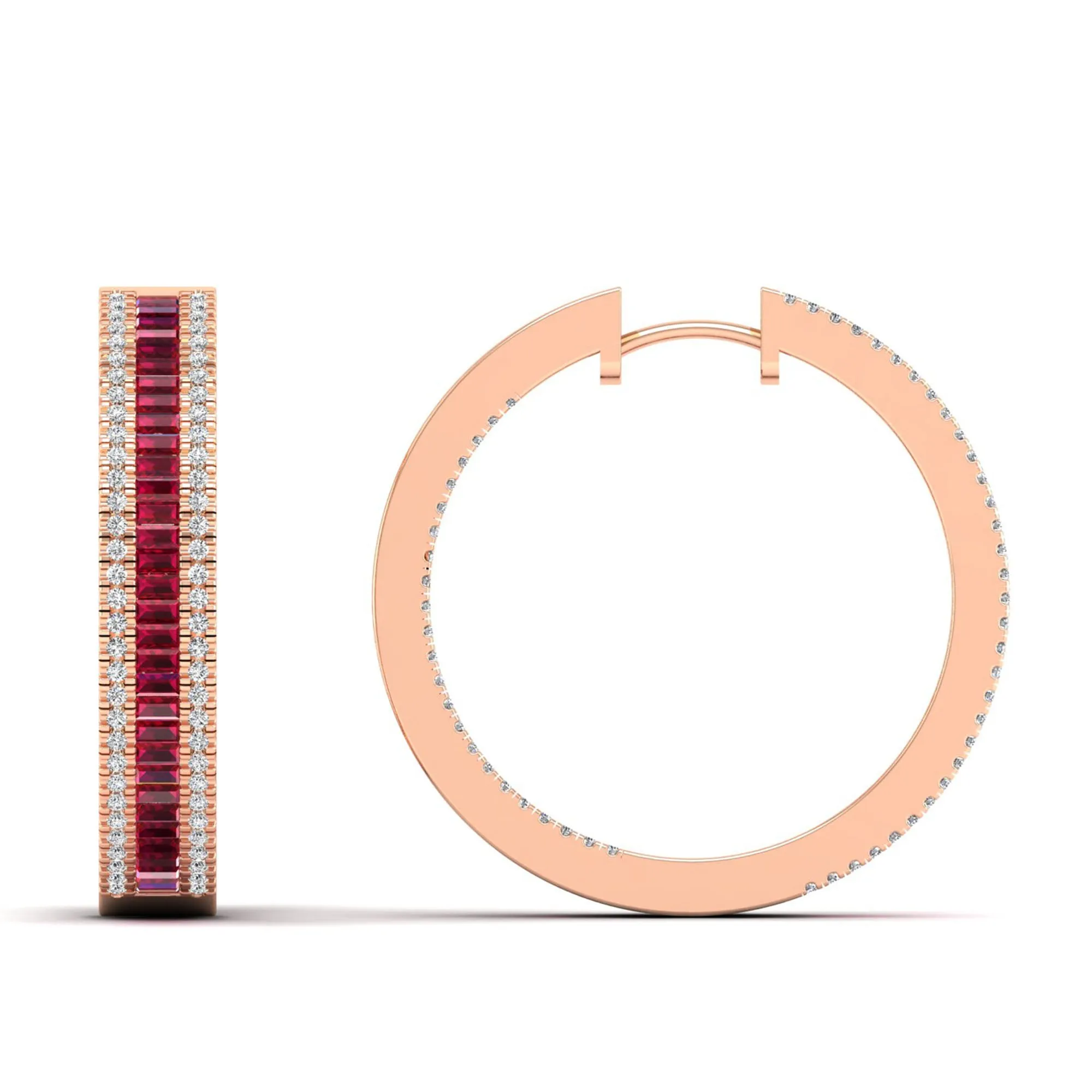 Three Row Channel Set Baguette Ruby and Diamond Hoop Earrings