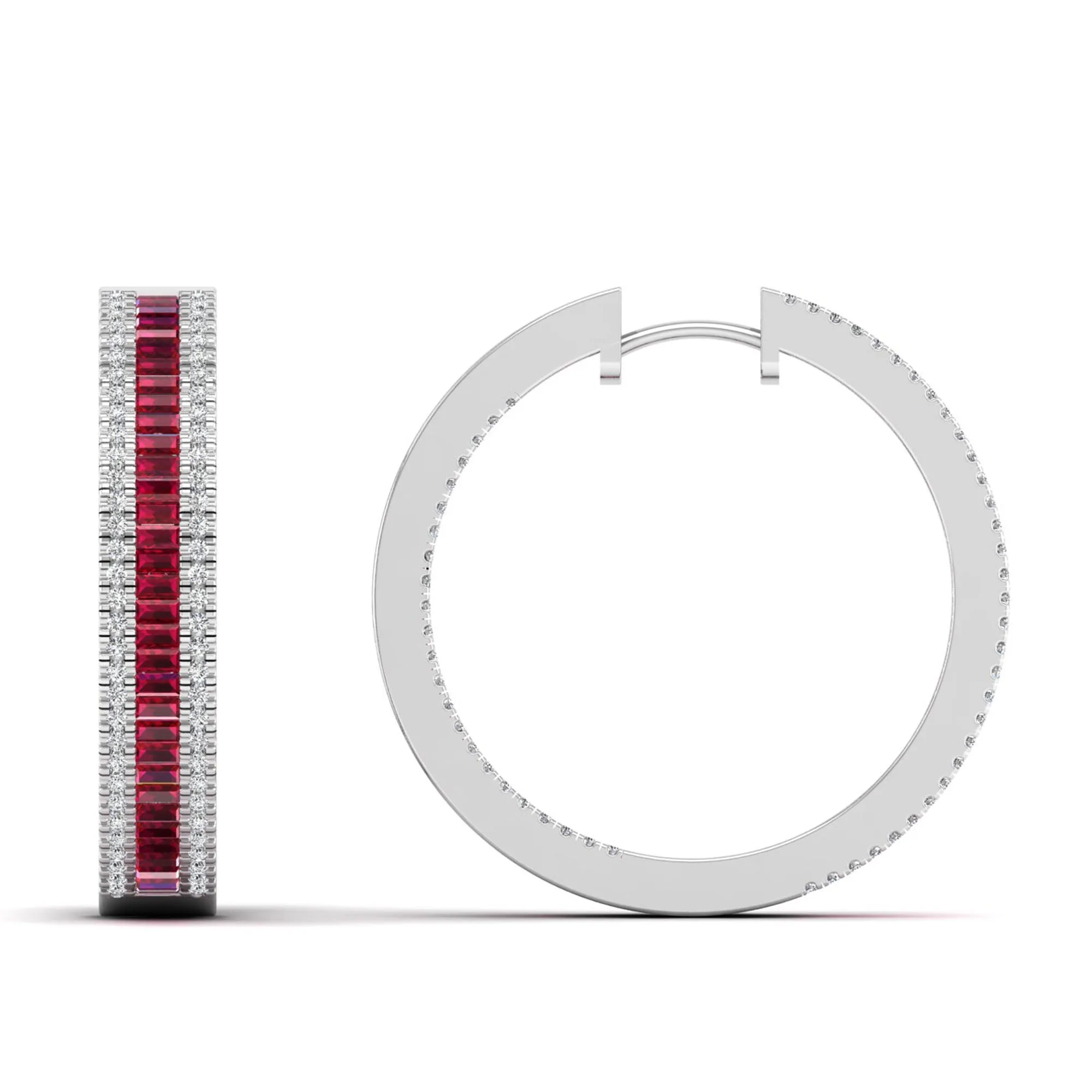 Three Row Channel Set Baguette Ruby and Diamond Hoop Earrings