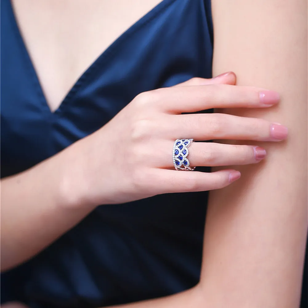 Triple Layer Wave Style Diamond Sapphire Ring