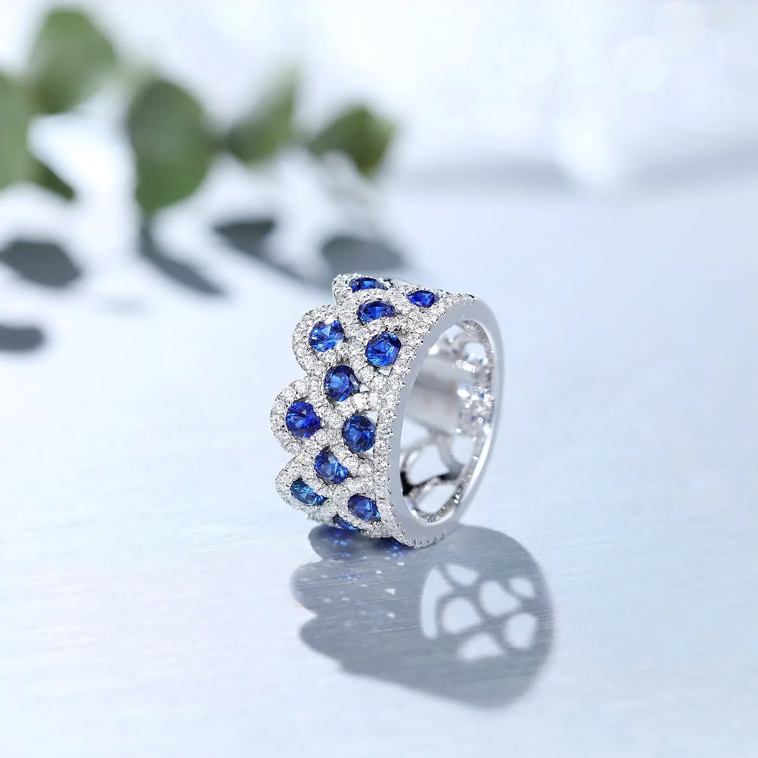 Triple Layer Wave Style Diamond Sapphire Ring