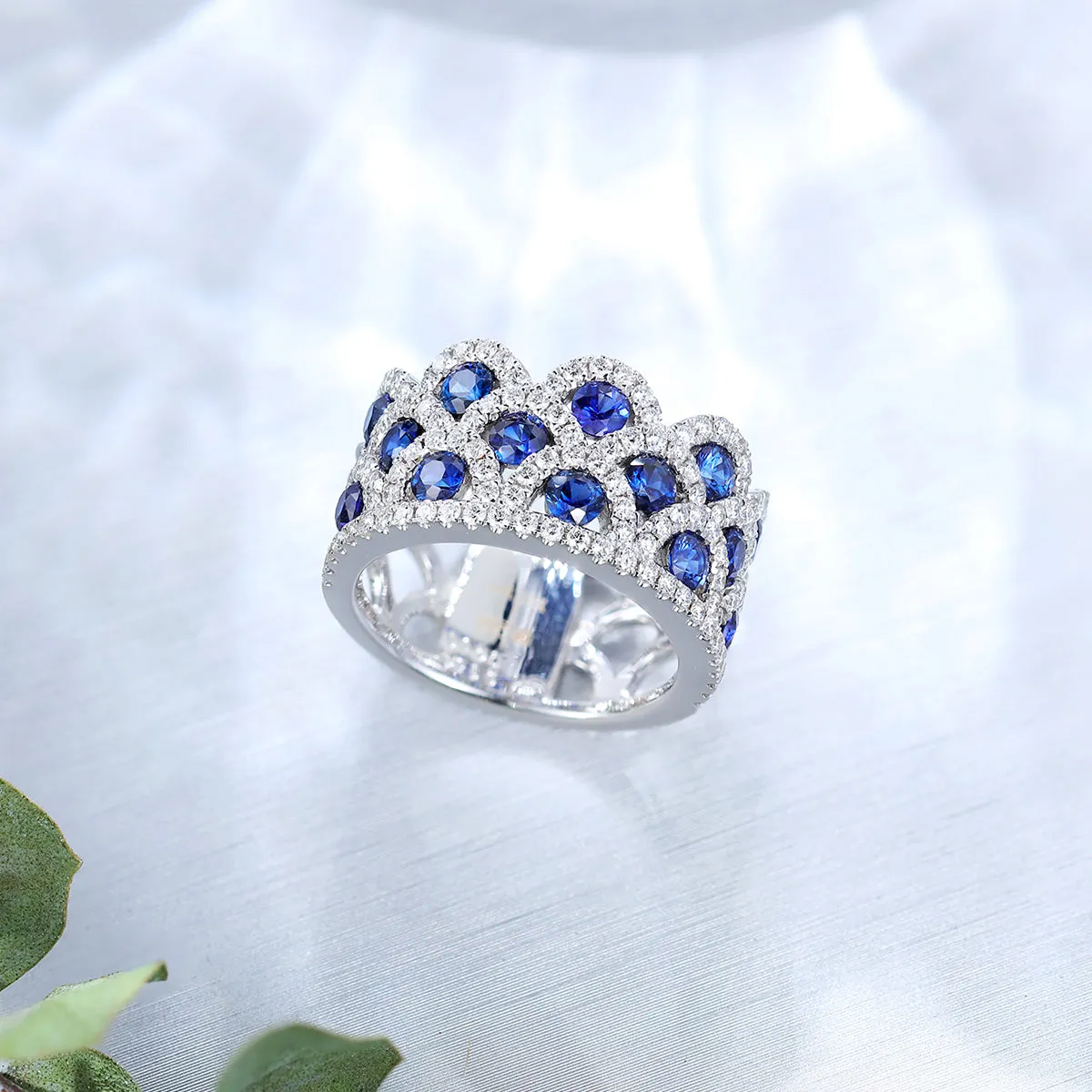 Triple Layer Wave Style Diamond Sapphire Ring