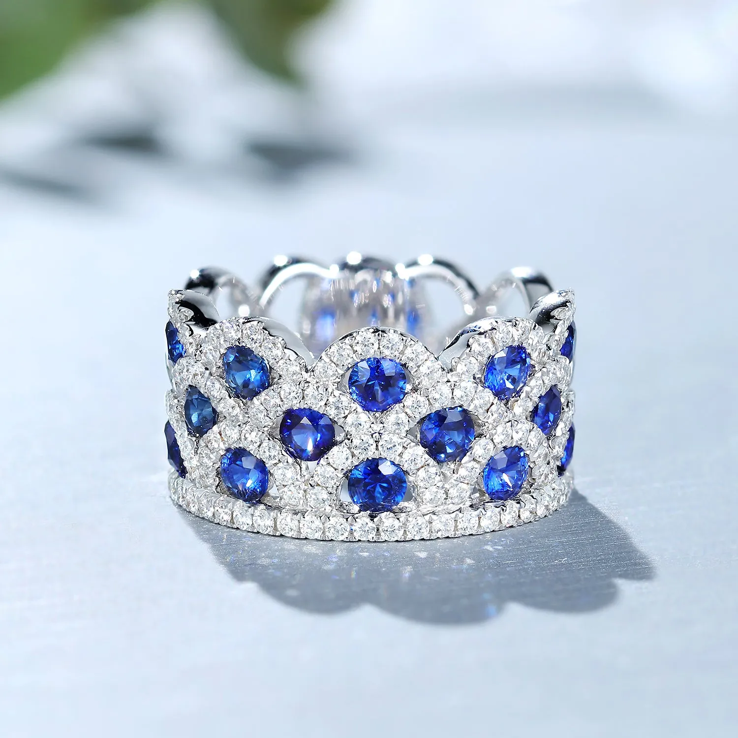 Triple Layer Wave Style Diamond Sapphire Ring