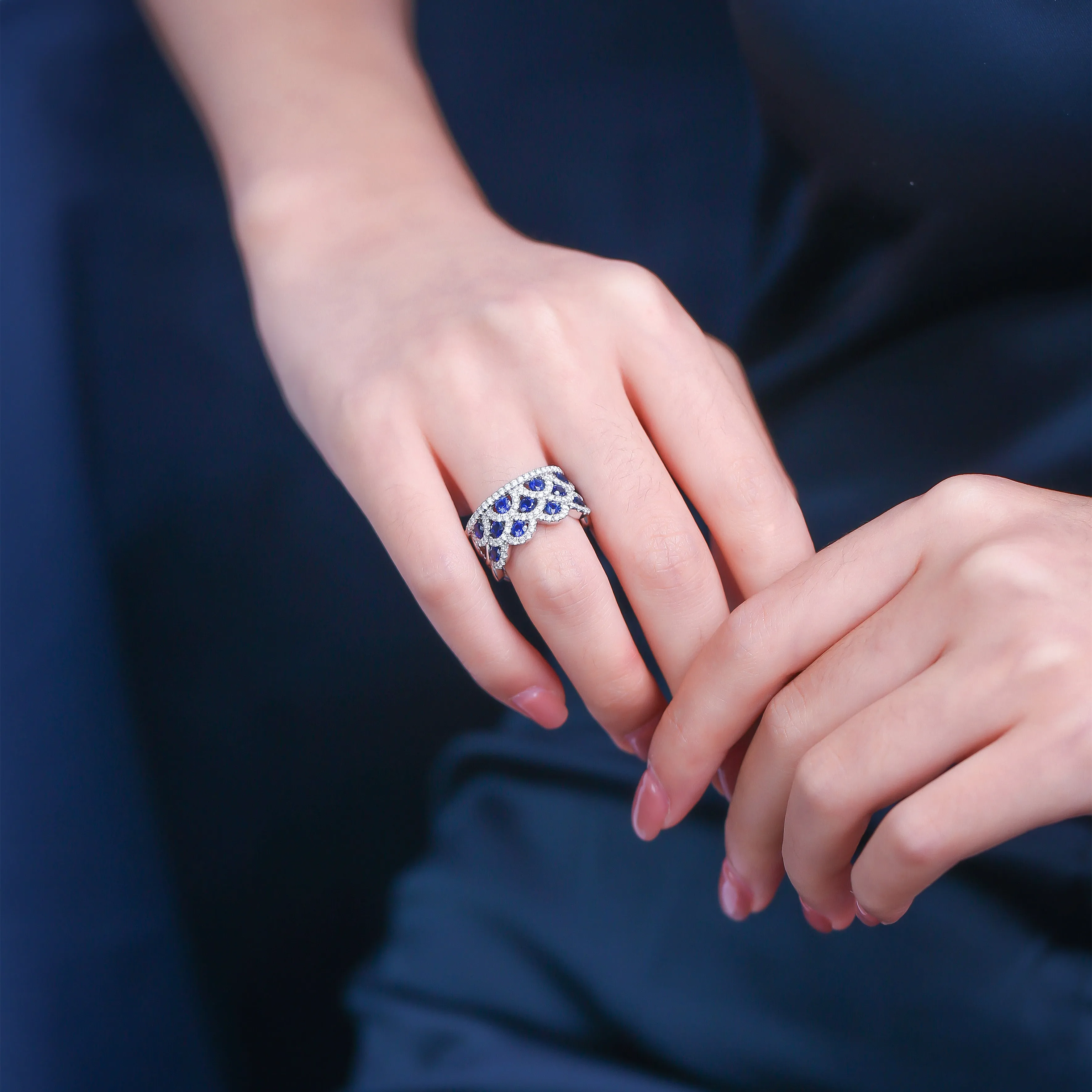Triple Layer Wave Style Diamond Sapphire Ring