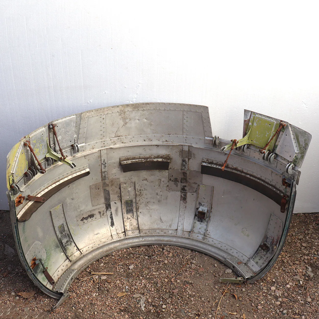 Two Vintage Riveted Painted Metal Airplane Cowling Covers