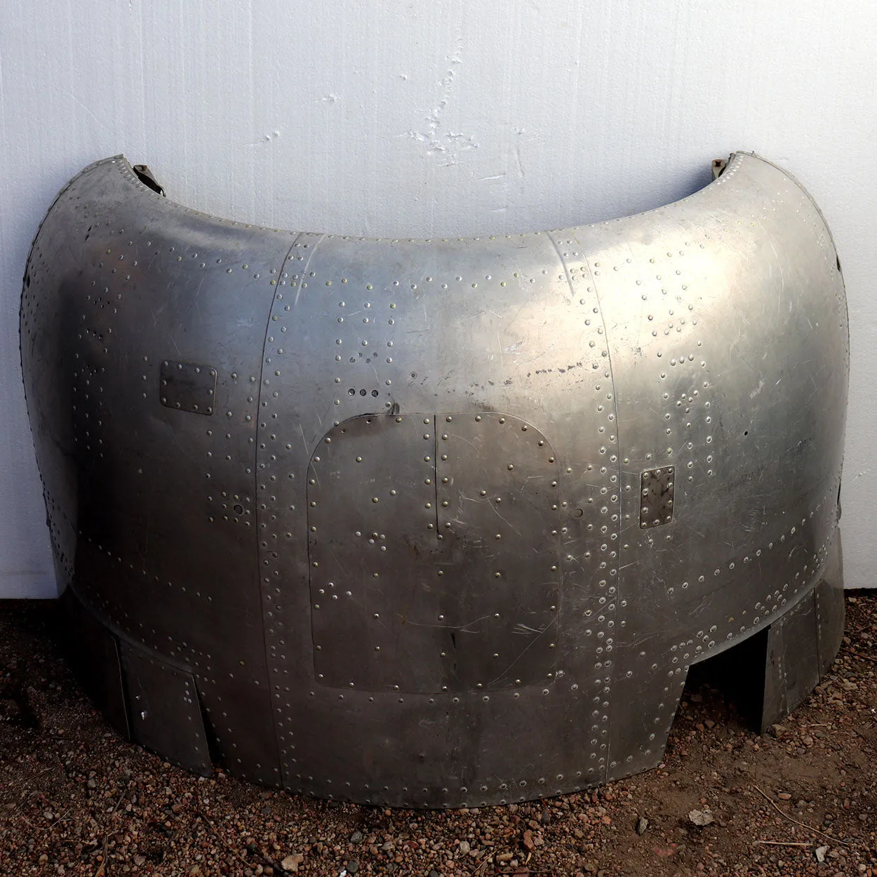 Two Vintage Riveted Painted Metal Airplane Cowling Covers