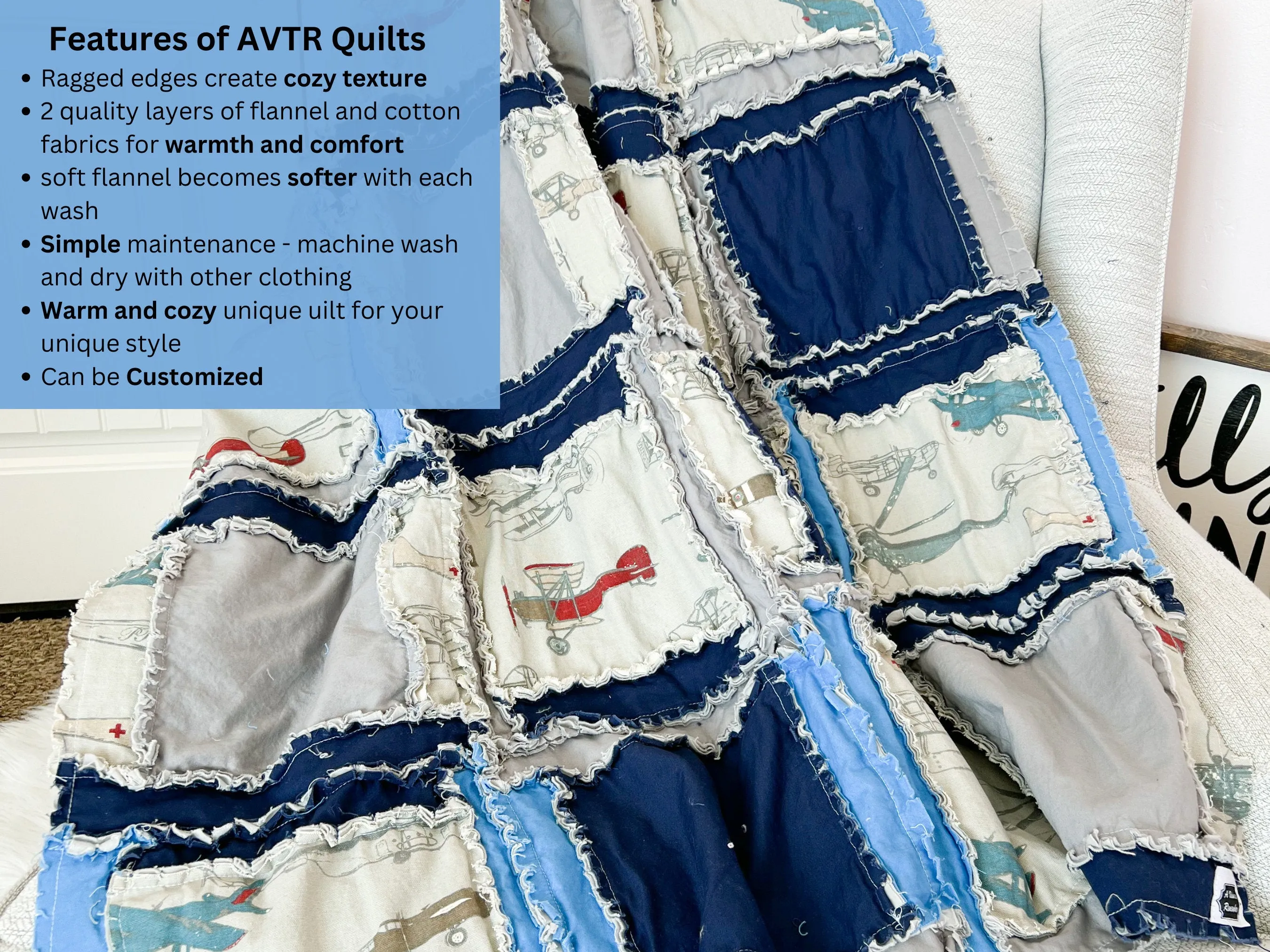 Vintage Airplane Quilt Toddler Bedding Boy, Aviation Homemade Quilts from Baby Blanket to Twin Bedspread