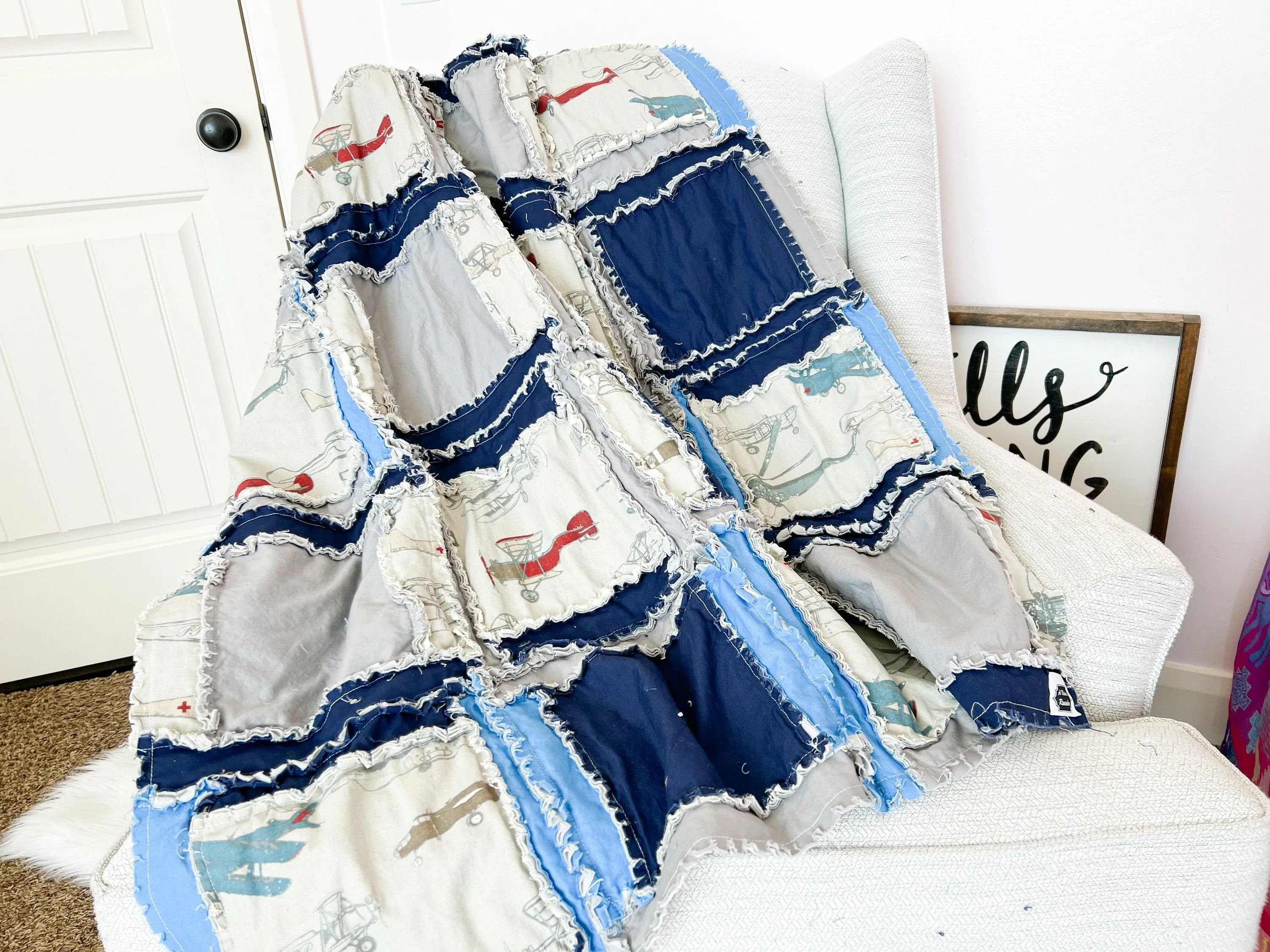 Vintage Airplane Quilt Toddler Bedding Boy, Aviation Homemade Quilts from Baby Blanket to Twin Bedspread