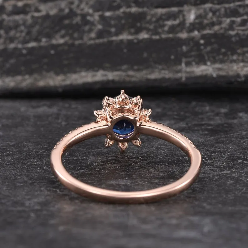 Vintage Inspired Round Cut Blue Sapphire Halo Ring