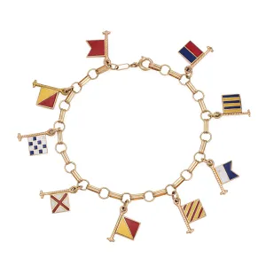 Vintage Nautical Flags Enamel Charm Bracelet 14k Yellow Gold Bon Voyage Jewelry