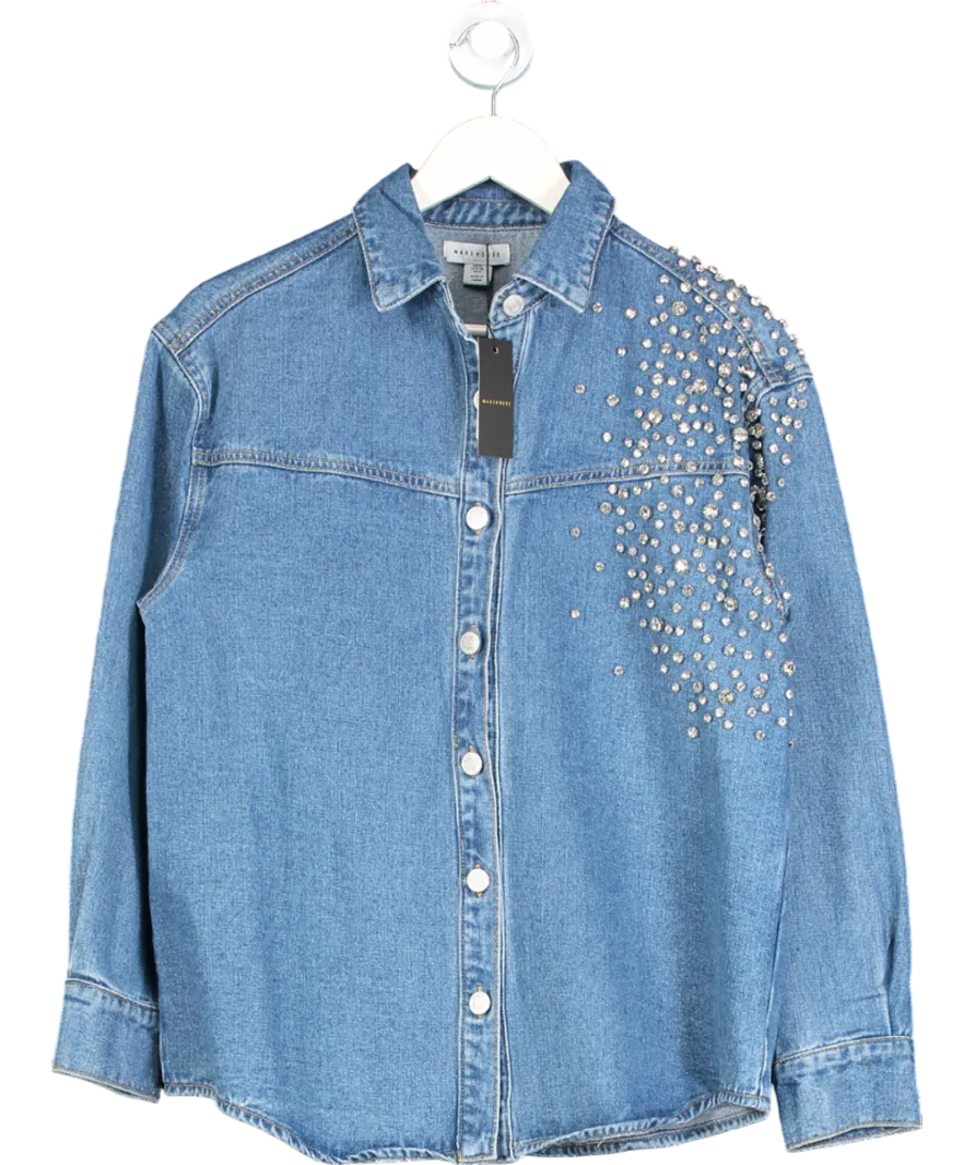 Warehouse Blue Premium Crystal Embellished Sequin Oversized Shirt UK 10