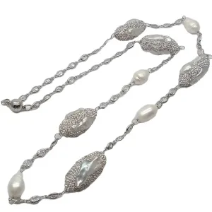 White Color Crystal Pave Cultured Freshwater Pearl Long Chain Necklace  33"