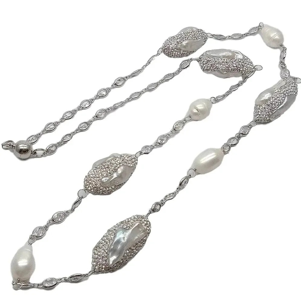 White Color Crystal Pave Cultured Freshwater Pearl Long Chain Necklace  33"