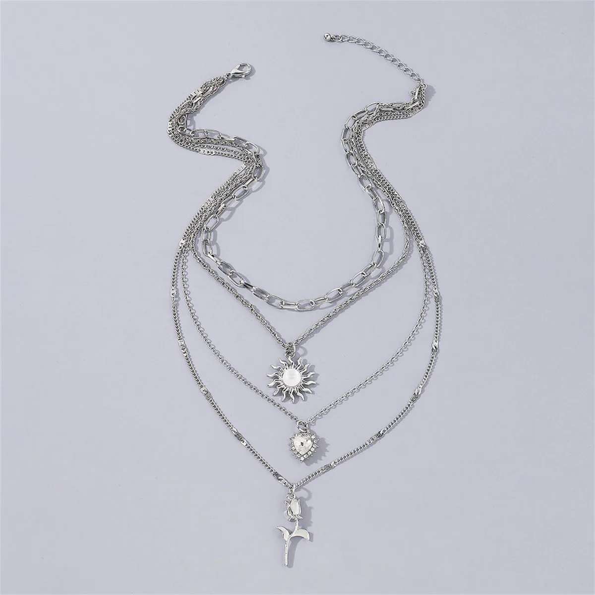 White Crystal & Cubic Zirconia Heart Pendant Layered Chain Necklace