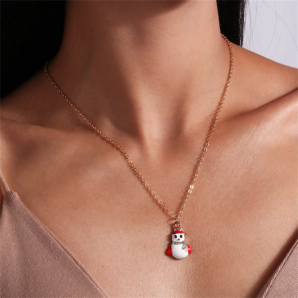 White Enamel & 18K Gold-Plated Cubic Zirconia-Accent Snowman Pendant Necklace
