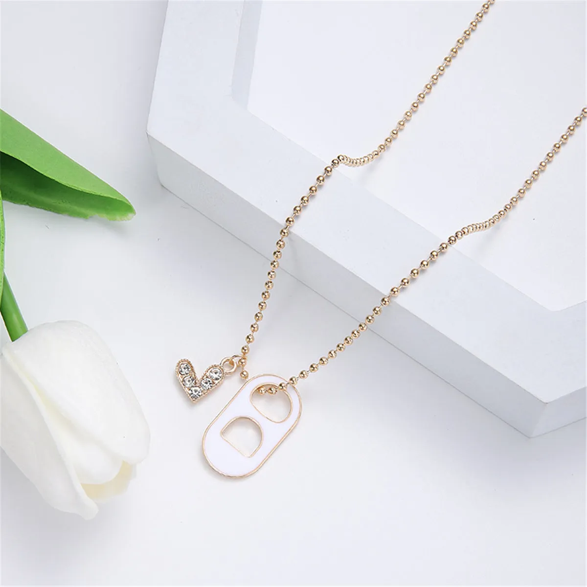 White Enamel & Clear Cubic Zirconia Pig Nose Heart Pendant Necklace