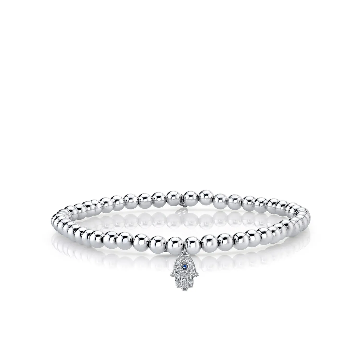 White Gold & Diamond Hamsa on White Gold Beads