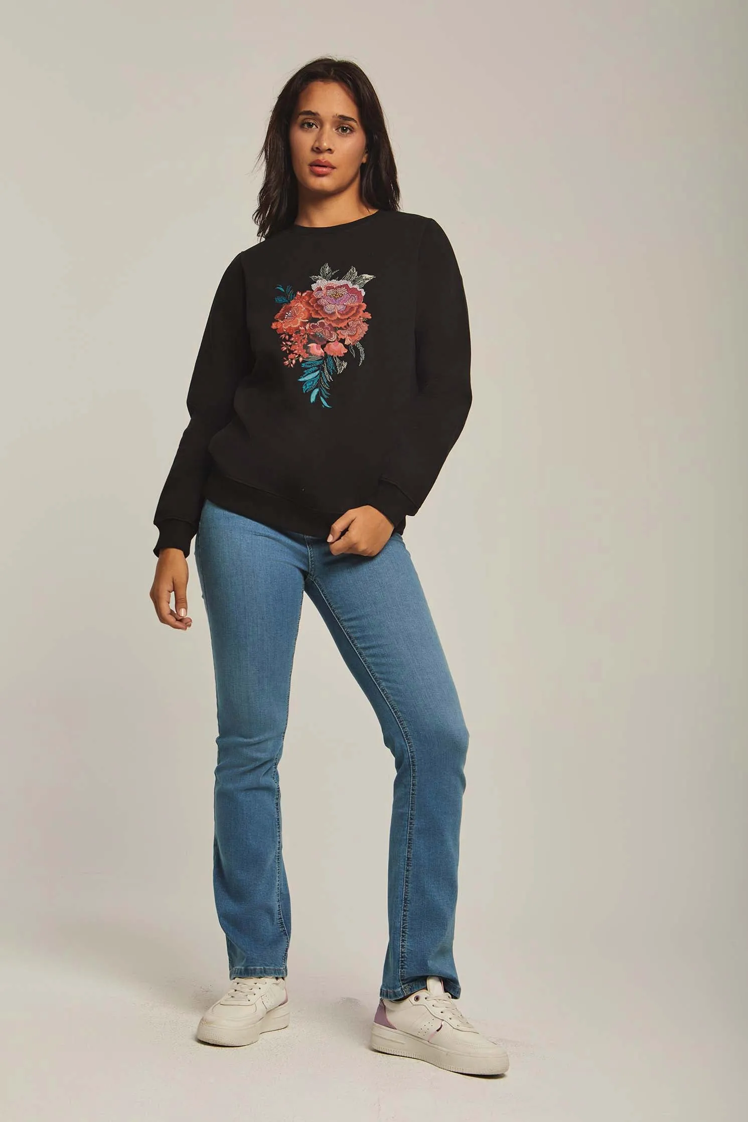Women Sweat Shirt Long Sleeve Printed Black