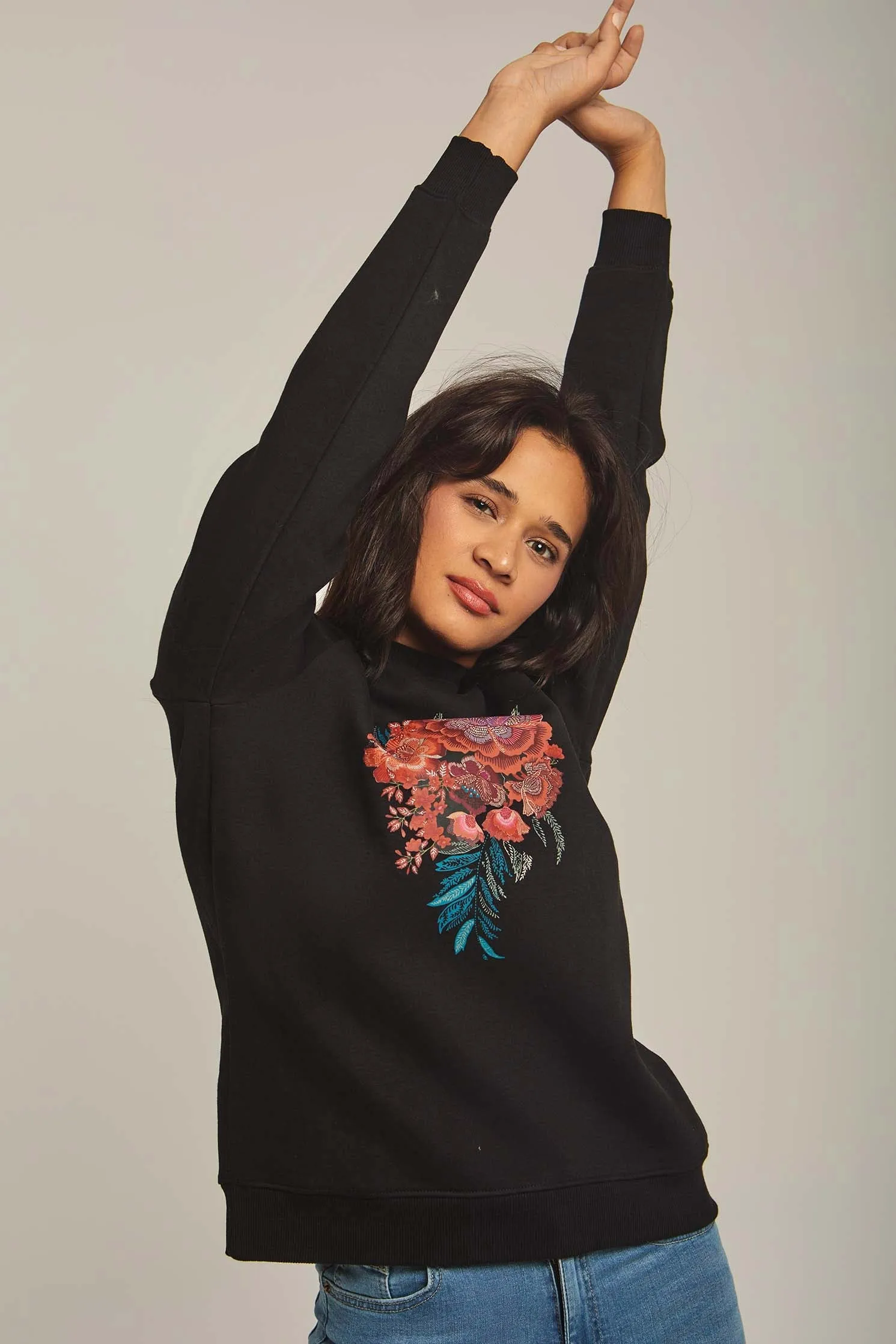 Women Sweat Shirt Long Sleeve Printed Black