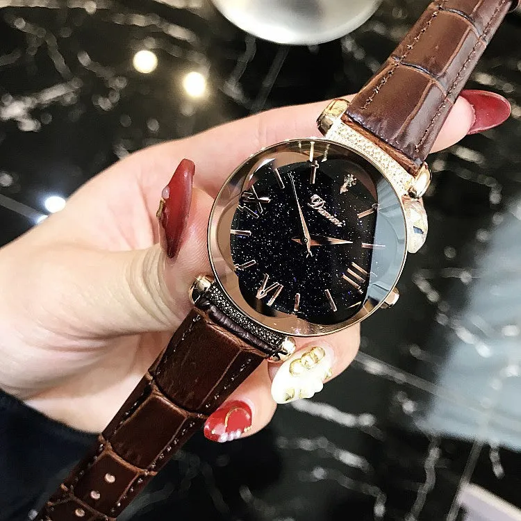 Women's Watch diamond starry sky dial leather strap fashion quartz watch