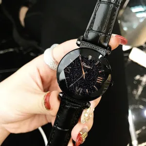Women's Watch diamond starry sky dial leather strap fashion quartz watch