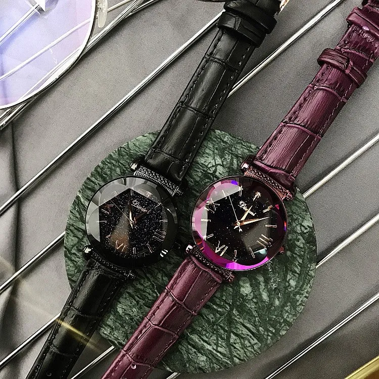 Women's Watch diamond starry sky dial leather strap fashion quartz watch
