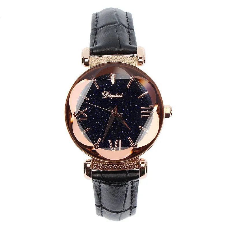 Women's Watch diamond starry sky dial leather strap fashion quartz watch