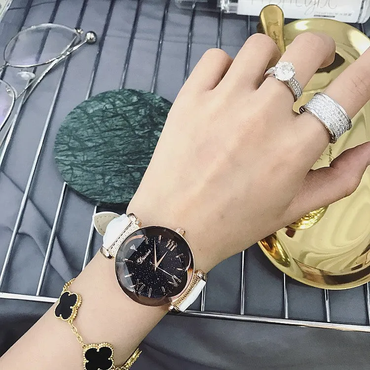 Women's Watch diamond starry sky dial leather strap fashion quartz watch